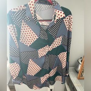 Long sleeve button down blouse - blue and red print